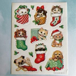 Vintage Hallmark 1983 Christmas Sticker Sheet Holiday Puppies and Kittens RARE